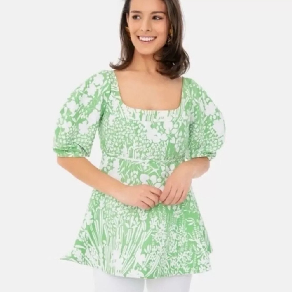 Tuckernuck Women's Nealy Corset Top Green Garden Floral Puff Sleeve Blouse XXL